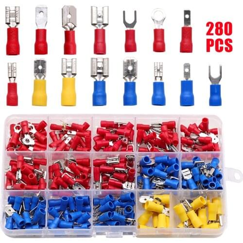 280Pcs Assorted Insulated Spade Crimp Terminal Butt Electrical Wire Cold-Pressure Terminal Set Red Blue Yellow with Box