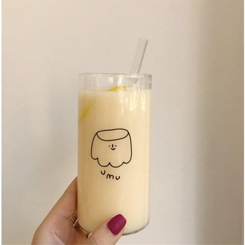 400ml Korean Transparent Drink Cup Cartoon Cute Fresh Milk Pudding Glass Coffee Lemon Soda Juice Cold Water Cups Drinkware Gift