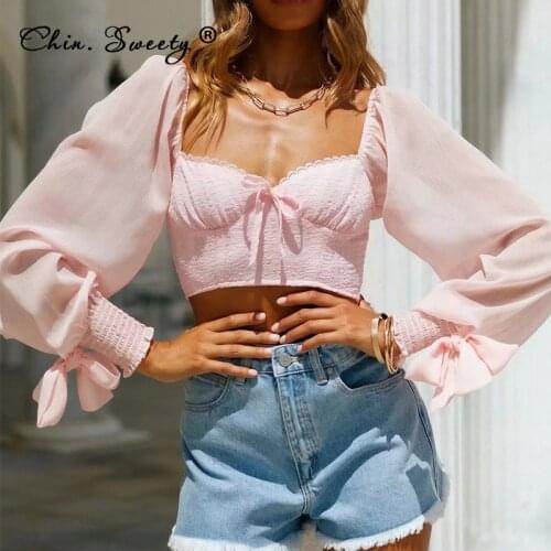 Womens Square Collar Long Sleeve Blouses 2021 Autumn Vintage Ruched Bow Cropped Blouse Female Sweet Fashion Office Lady Tops