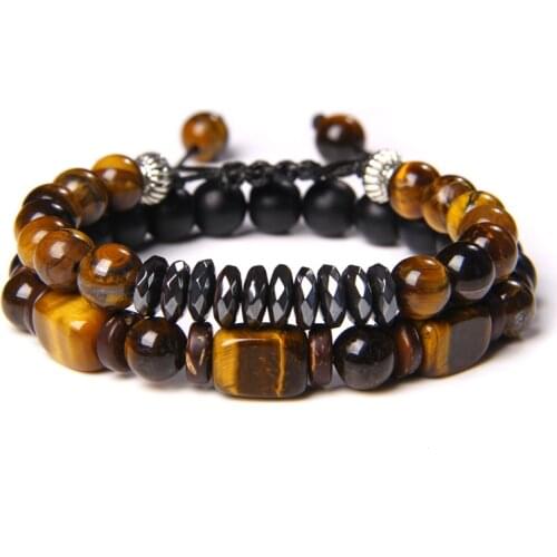 2pcs/set Natural Stone Tiger Eye Hematite Beads Bracelet Men Fashion Yoga Healing Stone Beaded Charm Bracelet Jewelry Unisex