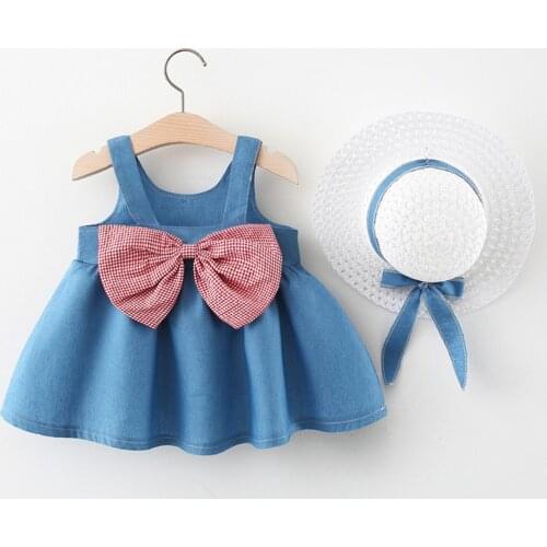 Toddler Baby Girls Dresses Childrens Suspender Sleeveless Floral Flower Print Bow Denim Skirt Kids Princess Dress + Hat Set