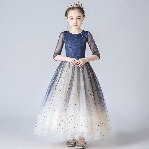 Elegant Half Sleeves Star Sky Girls Princess Dress Flower Girls Fluffy Wedding Evening Dress Children Catwalk Costume 4-13T