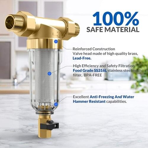 40 Micron Reusable Whole House Spindown Pre Sediment Water Filter Water Pre-Filter System Brass Filter BPA Free Size 1"to 3/4"