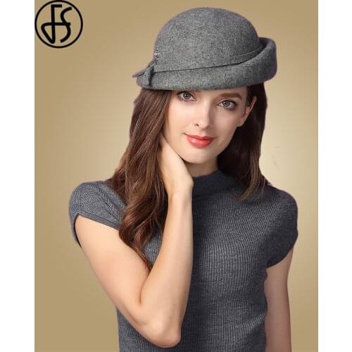 FS Elegant Women Wool Felt Bowler Black Red Fedora Hats For Ladies Roll Brim Vintage Floppy Winter Pink Blue Church Cloche Hats