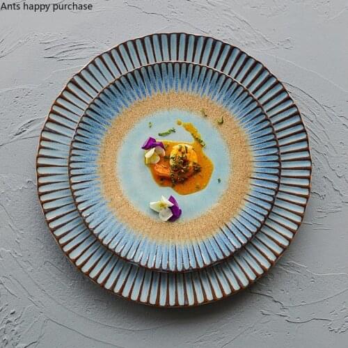 Kiln Turns Blue Stripe Ceramic Plate Round Dinner Plate Restaurant Decorative Tableware Steak Plate Dinner Set Plates and Dishes