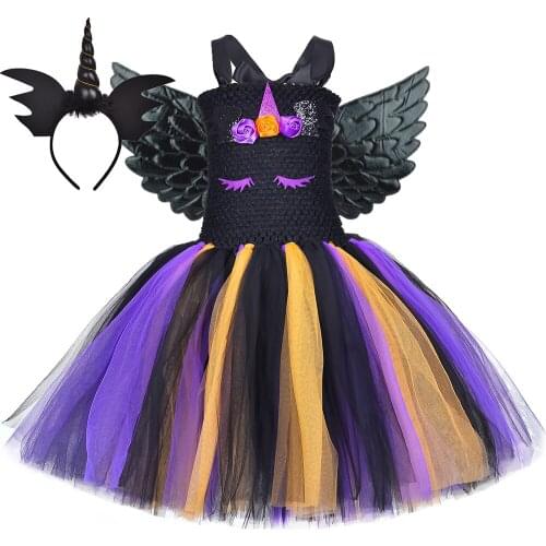 Black Witch Unicorn Dress Set Girl Fancy Carnival Halloween Costume for Kids Clothes Children Holiday Party Princess Tutu Dress