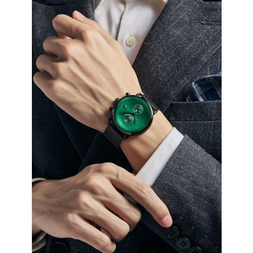 Creative Designer Brand Quartz Watches Men Stainless Steel Black Green Chronograph Sports Watch Waterproof Minimalist Clock 2020