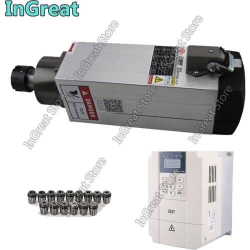 3.5KW 220V ER25 18000RPM 300Hz 15A Square AC Spindle Motor Fan Air Cooled & 1ph to 3ph 4KW BEST VFD Inverter & ER25 Collet kit