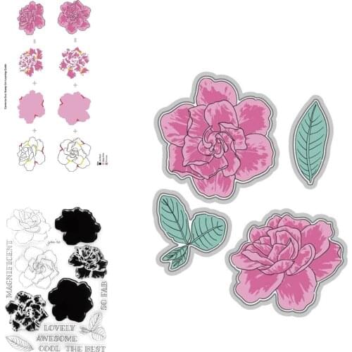 Peony flower Metal Cutting Dies and Silicone Stamps Stencil for Scrapbooking Album Decoration Craft for DIY Greeting Card Making