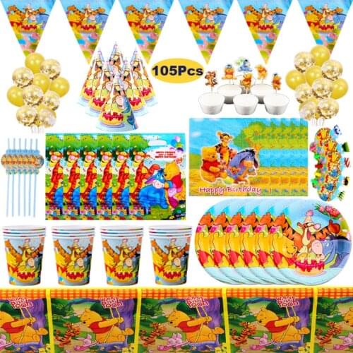 Winnie The Pooh Theme Party Decor Disposable Tableware Set Cups Plate Tablecloth Balloon Baby Shower For Kids birthday