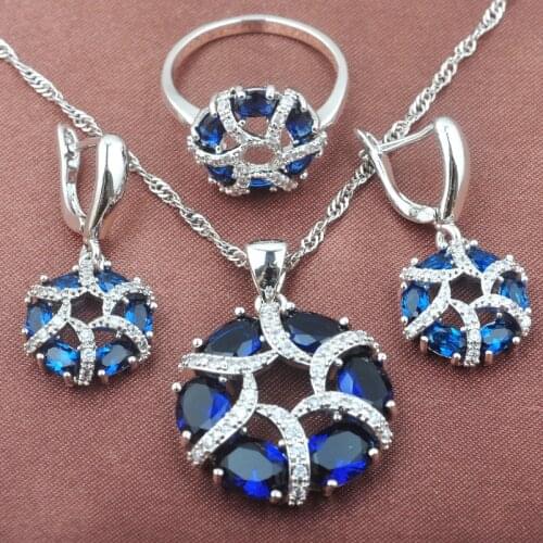 2021 New Exquisite Blue Zirconia Womens Silver Color Jewelry Sets Necklace Pendant Earrings Ring TZ0443