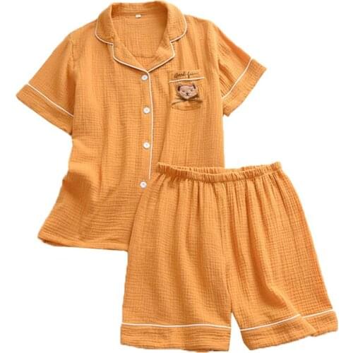 Summer New Girls Cute Little Bear Printed Short Sleeve+Shorts 2pcs Pajamas Set Solid Women Gauze Cotton Household Casual Wear
