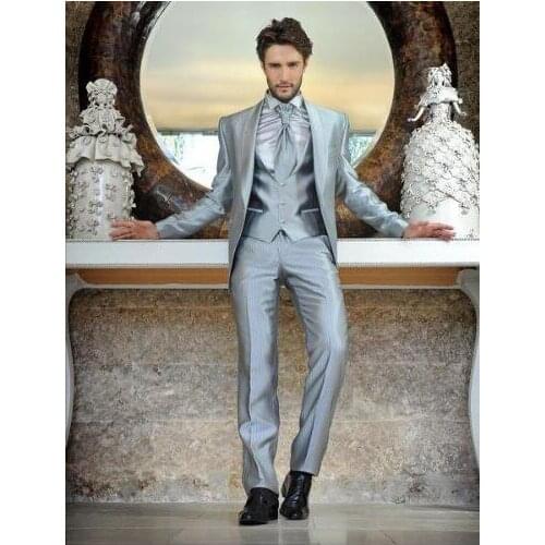 New Silver Satin Wedding Suits For Men 3Pieces(Jacket+Pants+Vest+Tie) Trajes De Hombre Tuxedo Suit Men Blazer Terno Masculino