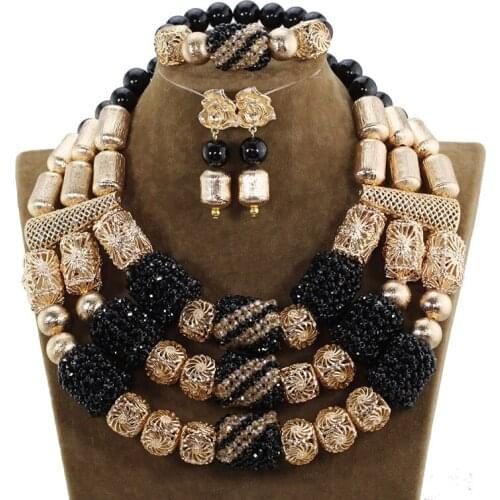 Charms Black and Gold Crystal Statement Necklace Set Dubai Bridal Costume Women Jewelry Set Gold Jewelry Accessory Set WE092