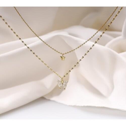 Cute Female Crystal Small Butterfly Pendant Necklace 925 Sterling Silver Gold Chain Necklaces For Women Vintage Wedding Necklace