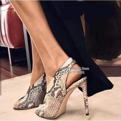 Sexy Printed Snakeskin Deep V High Heel Pumps Peep Toe Slingback Pachwork Dress Shoes Cut-out Shallow Party Banquet Shoes