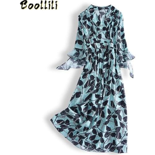 Boollili Real Silk Dress Women Spring Summer Dress Korean Fashion Print Midi Dress Elegant Vintage Party Dress Vestido Mujer