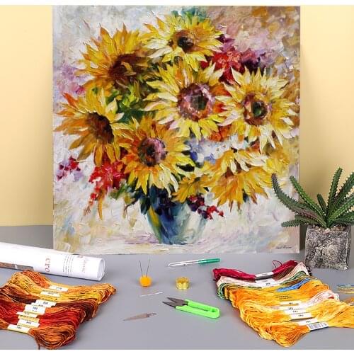 Sun Flowers Printed 11CT Cross Stitch Full Kit DIY Embroidery DMC Threads Needlework Knitting Hobby Handmade Floss Wholesale