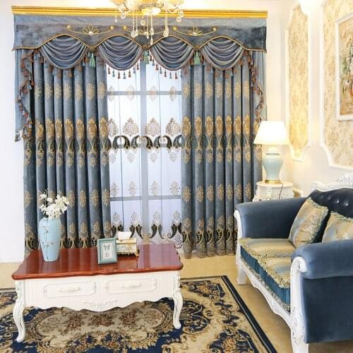 Custom curtains Chenille upscale European blue embroidery thicken shade living room cloth blackout curtain tulle valance N233