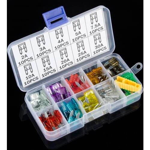 MINI Car Fuses 2A 3A 4A 5A 7.5A 10A 15A 20A 25A 30A Amp with Box Clip Assortment Auto Blade Type Fuse Set Truck 100PCS