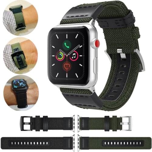 For Apple Watch Series 5 4 42mm 44mm Woven Nylon Watchband Genuine Leather Wrist Bracelet Band Canvas Strap iWatch 3 2 38mm 40mm