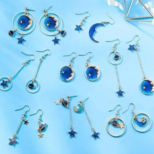 New Creative Blue Universe Asymmetric Earrings For Girl Ear Accessories Cute Moon Star Drop Pendientes Tassel Brincos Mujer