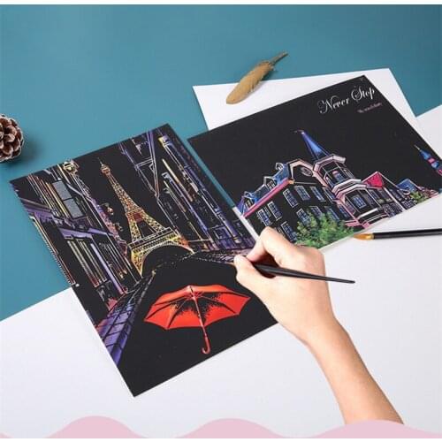 Scraping Painting Drawing Toys 21*29 CM A4 Magical Animal World Famous Building City Night View Scratch Paper Toys for Children