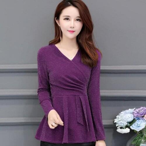 Fall Spring Office Lady Women Purple Black Full Sleeve Pleated Ruffle Glittter Mesh Shirt , Woman 4xl 5xl Slim Elastic Shirts