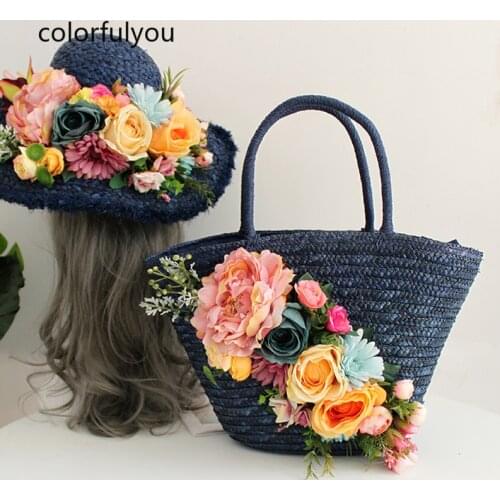Summer Handmade Flowers Bags for Women Beach Weaving Ladies Straw Bag 2021 New Totes Larger Capacity Handbag with Raffia Hat