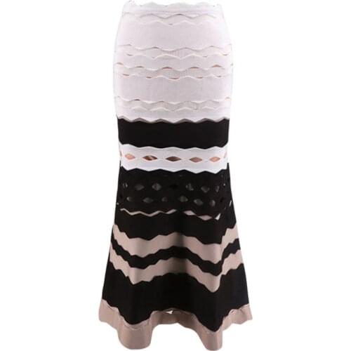 2021 New Arrival Fashion Black Beige White Patchwork A Line Floor Length Jacquard Celebrity Party Bandage Skirt