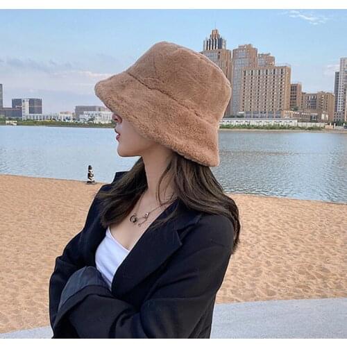 Winter Outdoor Vacation Lady Panama Black Solid Thickened Soft Warm Fishing Cap Faux Fur Rabbit Bucket Hat Women Hairy leopard
