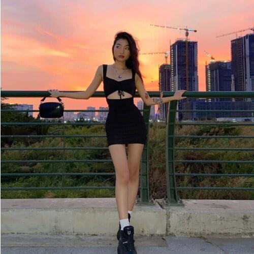 Women Spaghetti Strap Dress Spring Summer Hollow Out Sleeveless Slim Clothing New Lady Casual Mini Dresses