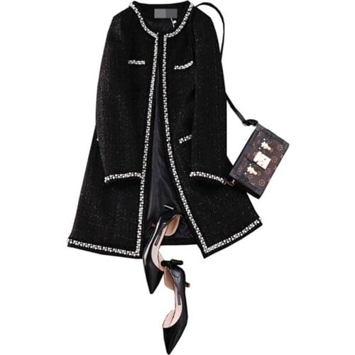 2019 Beaded Tweed Coats And Jackets Women Round Collar Long Sleeve High Street Woolen Coat Long Jacket Casaco Feminino Female