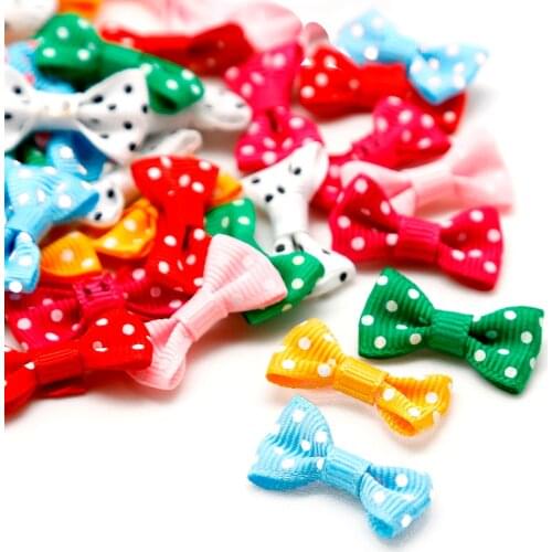 100PCS 7 Colors Printed Dots Satin Ribbon Bow Girl Dress Gift Box Bow Tie Wedding Hair Decoration DIY Craft Making (3X1.5cm)