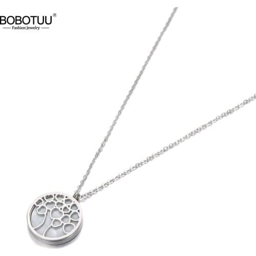 BOBOTUU Original Design Stainless Steel White Shell Tree Pendant Necklace Jewelry Trendy Chain Necklace For Women Girls BN19118