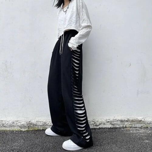 Hip-hop wide-leg pants women Korean vintage high-waist elastic waist straight-leg pants streetwear Harajuku punk style pants
