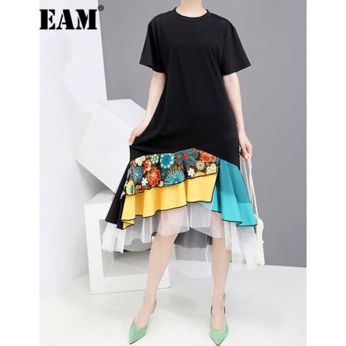 [EAM] 2021 New Spring Summer Round Neck Short Sleeve Black Hem Pattern Printed Mesh Temperament Loose Dress Women Fashion JW787