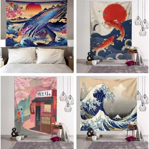 Japanese Kanagawa Waves Printed Hanging Tapestry Whale Arowana Deer Snake Totem Wall Hanging Tapestries Boho Bedspread Blanket