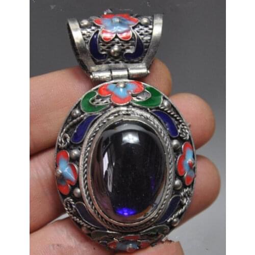 Exquisite Chinese ancient Tibetan silver cloisonne inlaid with artificial zircon pendant