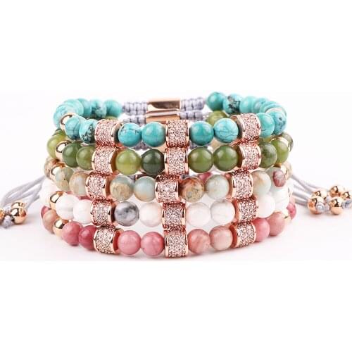 JARAVVI New Design Natural Stone Luxury CZ Pave Charms Beaded Friendship Macrame Bracelet Women