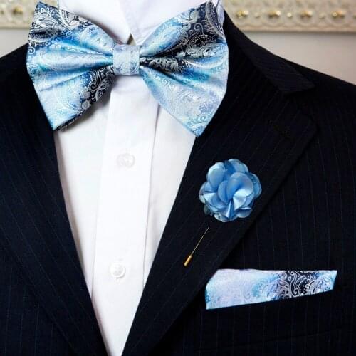 Paisley Blue Azure White Mens Adjustable Pre-tied Tuxedo Bow Tie Sets Silk Hanky Lapel Flower Business Party Wedding Wholesale