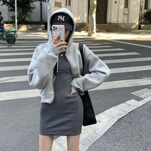 Ins Girls Suit] 2020 New Suit Womens Gray Zipper Short Sweater + Fashion Long-sleeved Dress S To 3XL Two-piece for Women