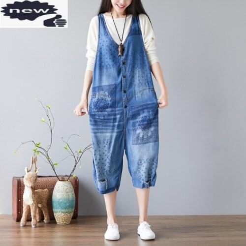 Summer Sleeveless Jumpsuits Vintage Printed Bib Pants Women Overalls Loose Casual Hole Denim Suspender Jumpsuit Mid Calf Long