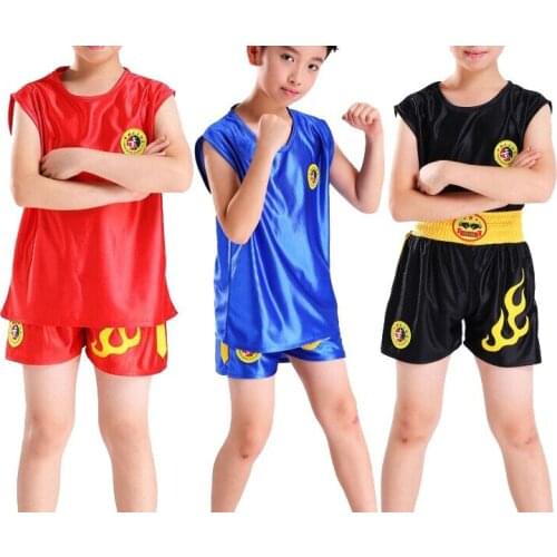 Summer unisex kids Kung fu martial arts uniforms sanda suit boxing clothing children wushu suits black/red/blue