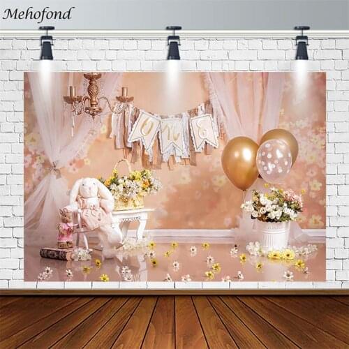 Mehofond 1st Birthday Party Backdrop Balloon Flowers Curtain Rabbit Newborn Photography Background Photo Studio Photophone Decor
