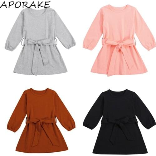 2021 2-7Y Casual Toddler Girls Dress Spring Fall Solid Color Long Sleeve O Neck A-line Dress With Belt Sundress