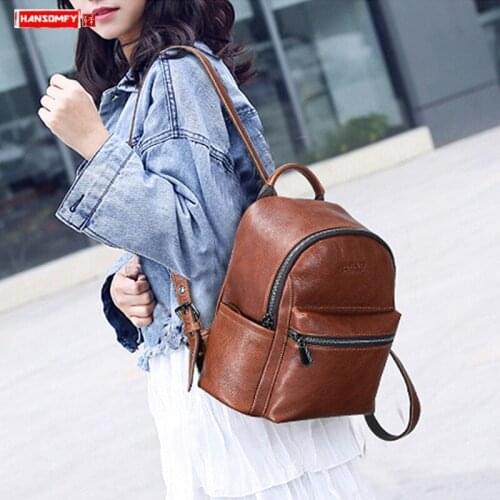 Fashion Trend Womens Backpack IPAD Female Small Genuine Leather Backpacks Can Hold 7.9 Inch Cow Leather Solid Bag Dig a Bag