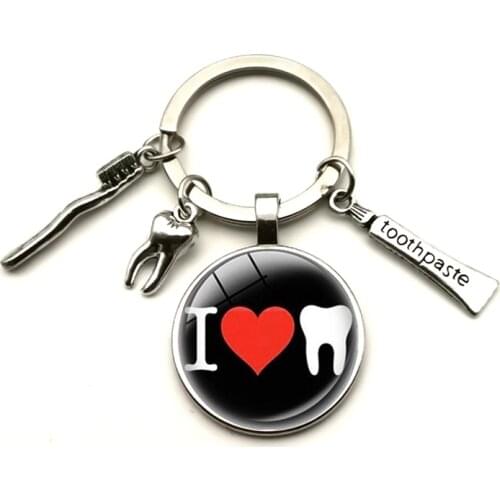 New Creative Cute Cartoon Teeth Pattern Dentist Medal Keychain Childrens Gift Glass Dome Pendant Keyring Hoilday Party Souvenir
