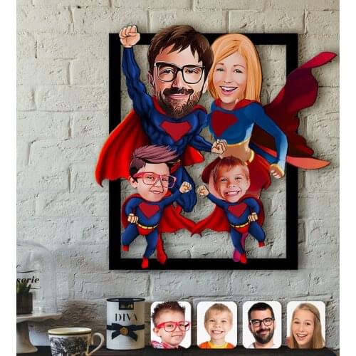 Personalized Super Family Caricature OF 3D Wood Tablo-4