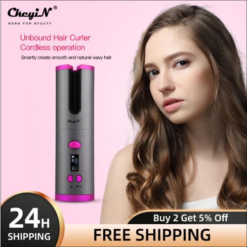 Cordless Auto Rotating Ceramic Hair Curler USB Rechargeable Curling Iron LED Display Temperature Adjustable Curling Wave Styer